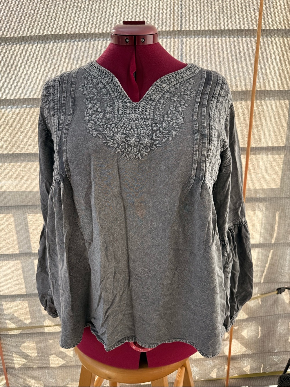 Embroidered Light Grey  Women's Peasant Top from Solitaire